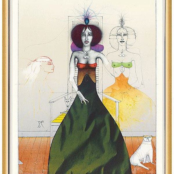 Paul Wunderlich - Eine schöne Frau mit 2 Hunden